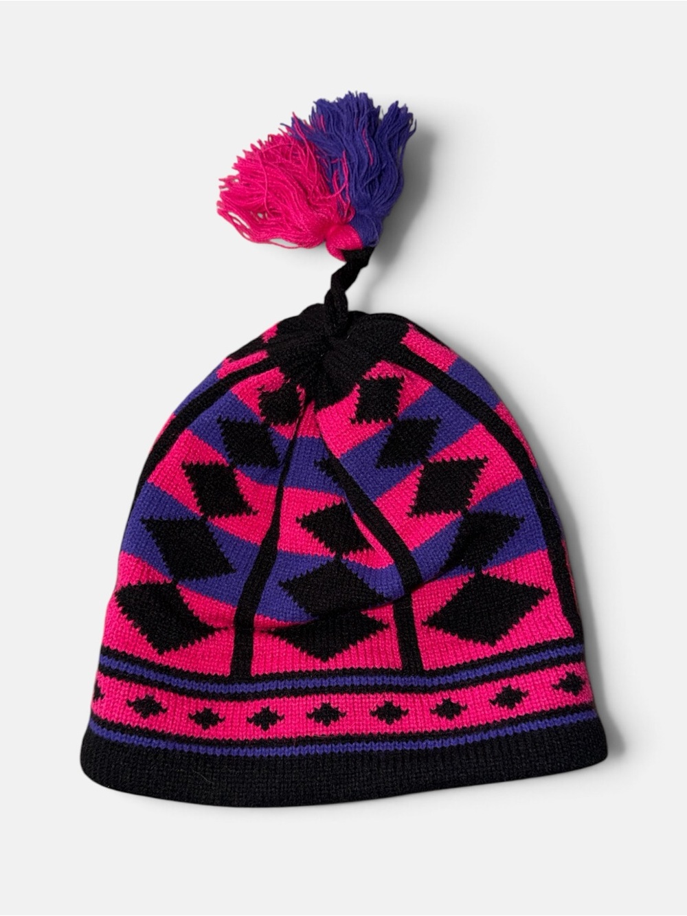 Women’s Geometric Pom Pom Beanie - Pink & Purple